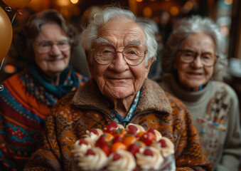 Happy senior man celebrating birthday with cake and his friends.Macro.AI Generative.