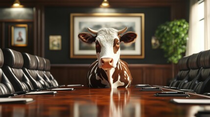 A humorous scene of a cow in a corporate boardroom, challenging traditional business environments and showcasing unexpected elements.