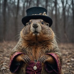 A groundhog dressed as a fortune teller, predicting "Winter or Spring?" in a humorous style.